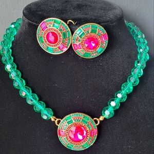 Beautiful Green and Pink Crystal  Necklace & Earring  Set